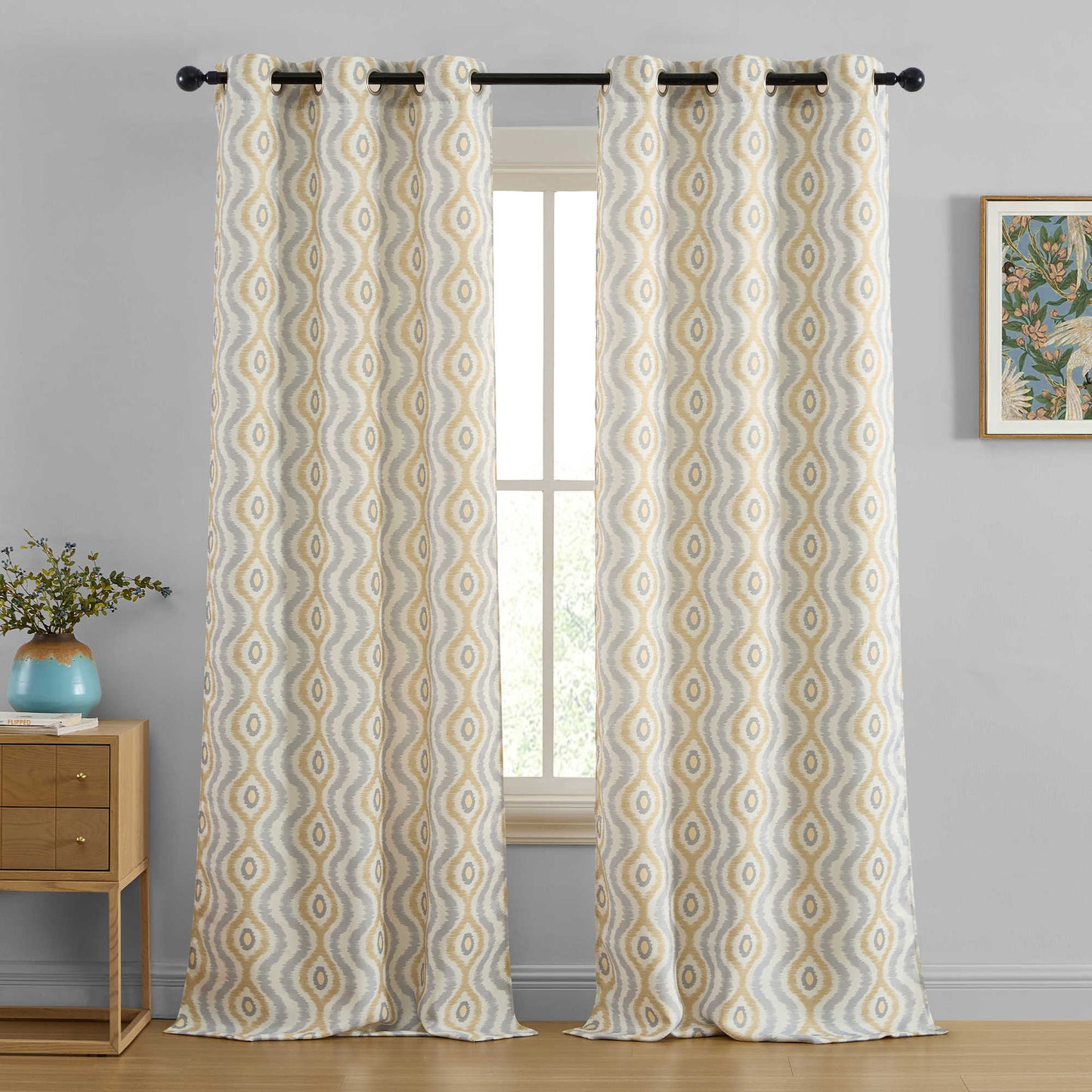 Tanner Ogee Boho Geometric Damask Grommet Room Darkening Window Curtains - Pair