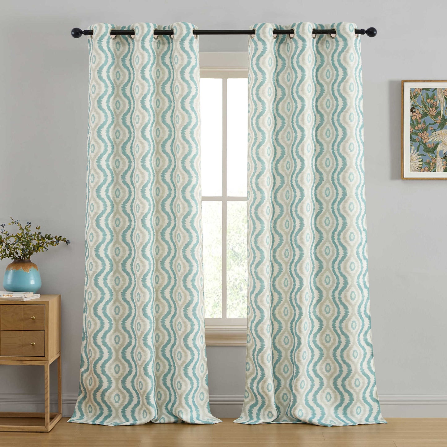 Tanner Ogee Boho Geometric Damask Grommet Room Darkening Window Curtains - Pair